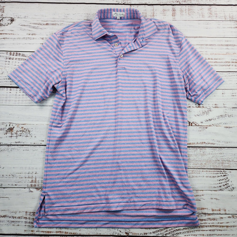 Peter Millar Dunn Performance Golf Polo Men's M Pink Blue Stripe Summer Comfort